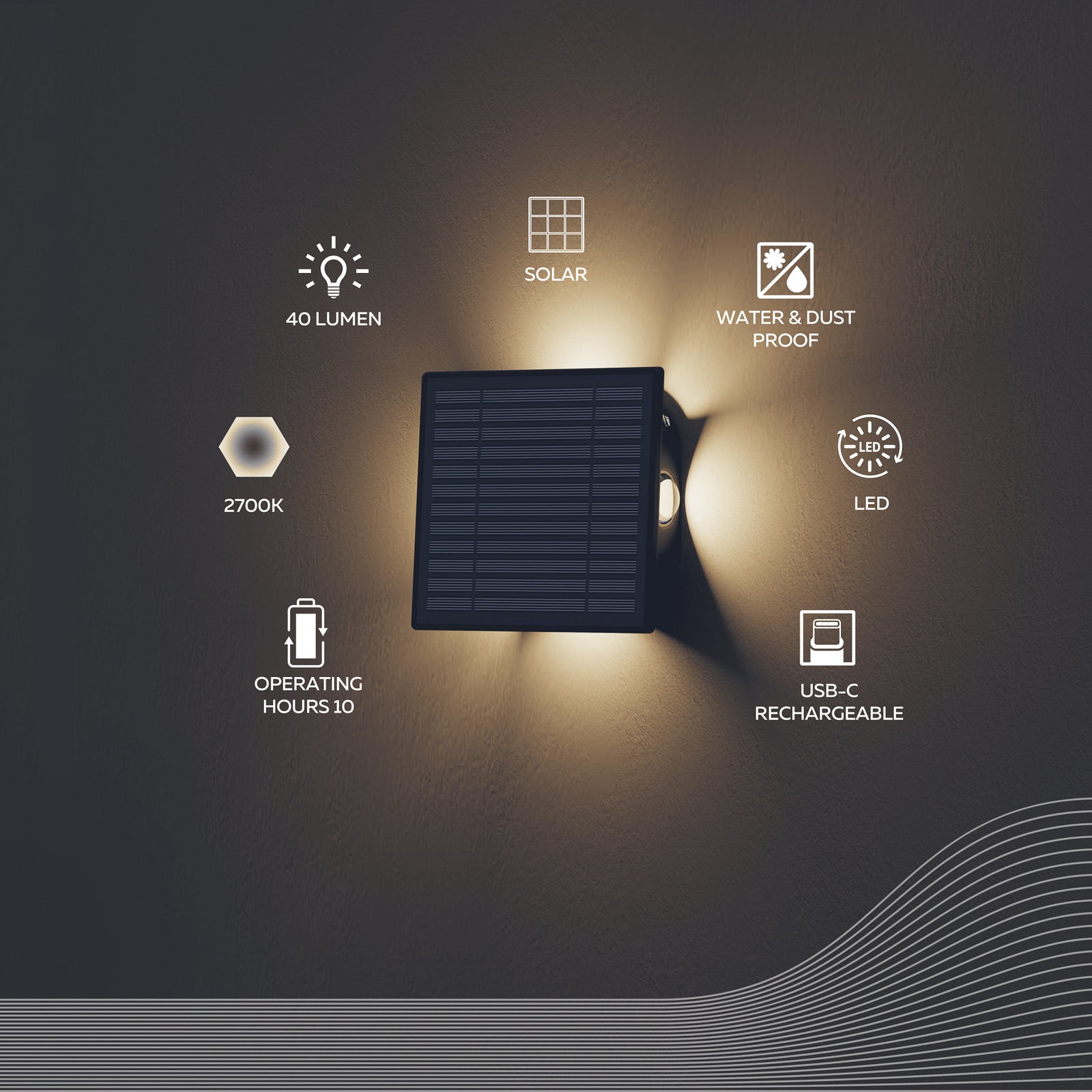 Solcelledrevet LED utevegglampe Altamura indirekte svart Calex sideprofil