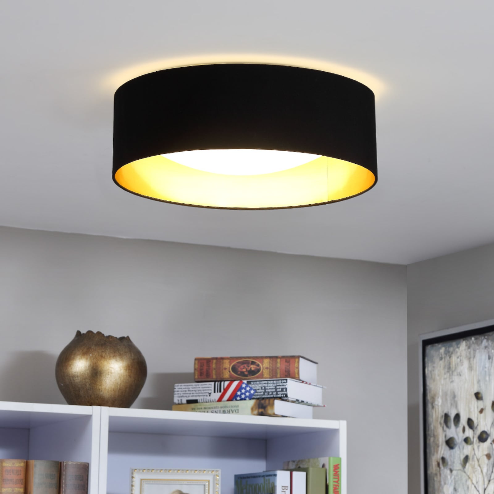 Taklampe Coleen tekstil svart/gull detalj av stoff