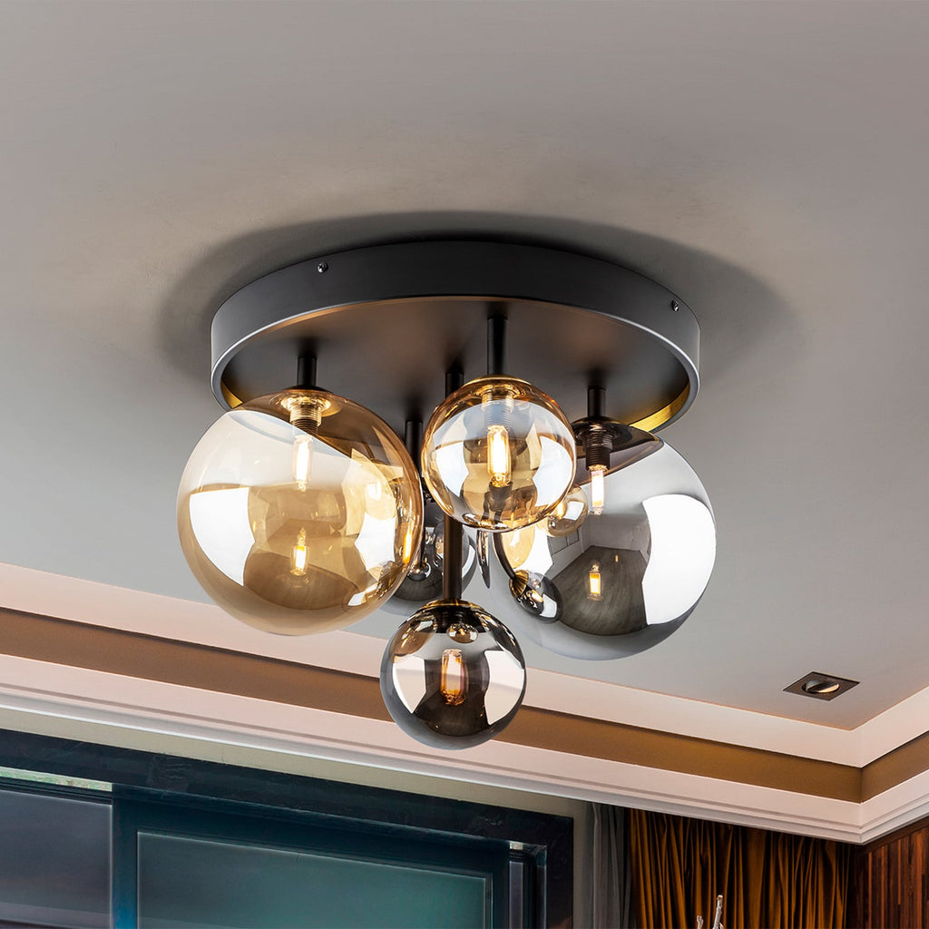 Taklampe Dark 5-lys glass amber og røyk forfra