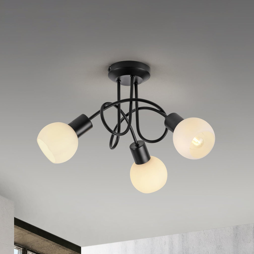 Taklampe Loki 3-lys svart jern glass sett forfra