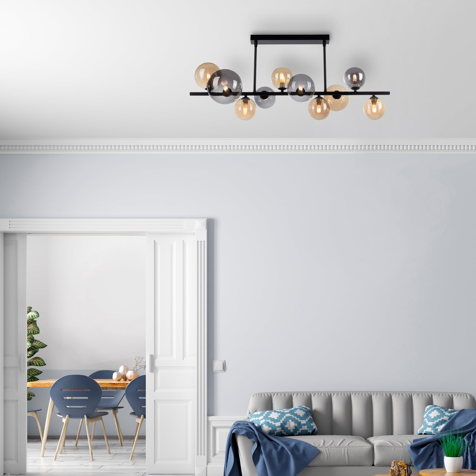 Taklampe Popsicle 10-lys glass svart grå detalj av jernramme