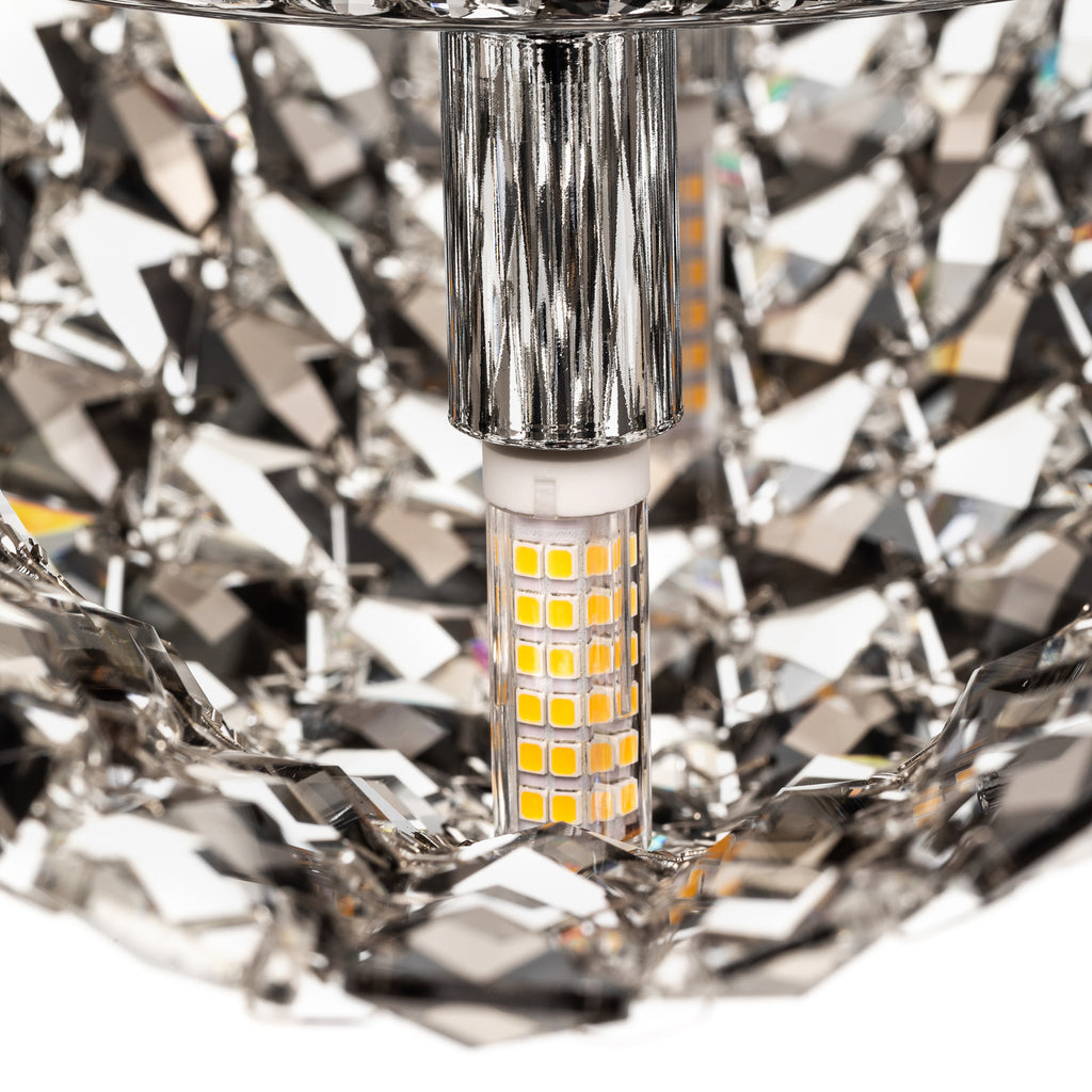 Nærbilde av metallgitter på Taklampe Saten krystall 4-lys krom/røykgrå 41 cm G9