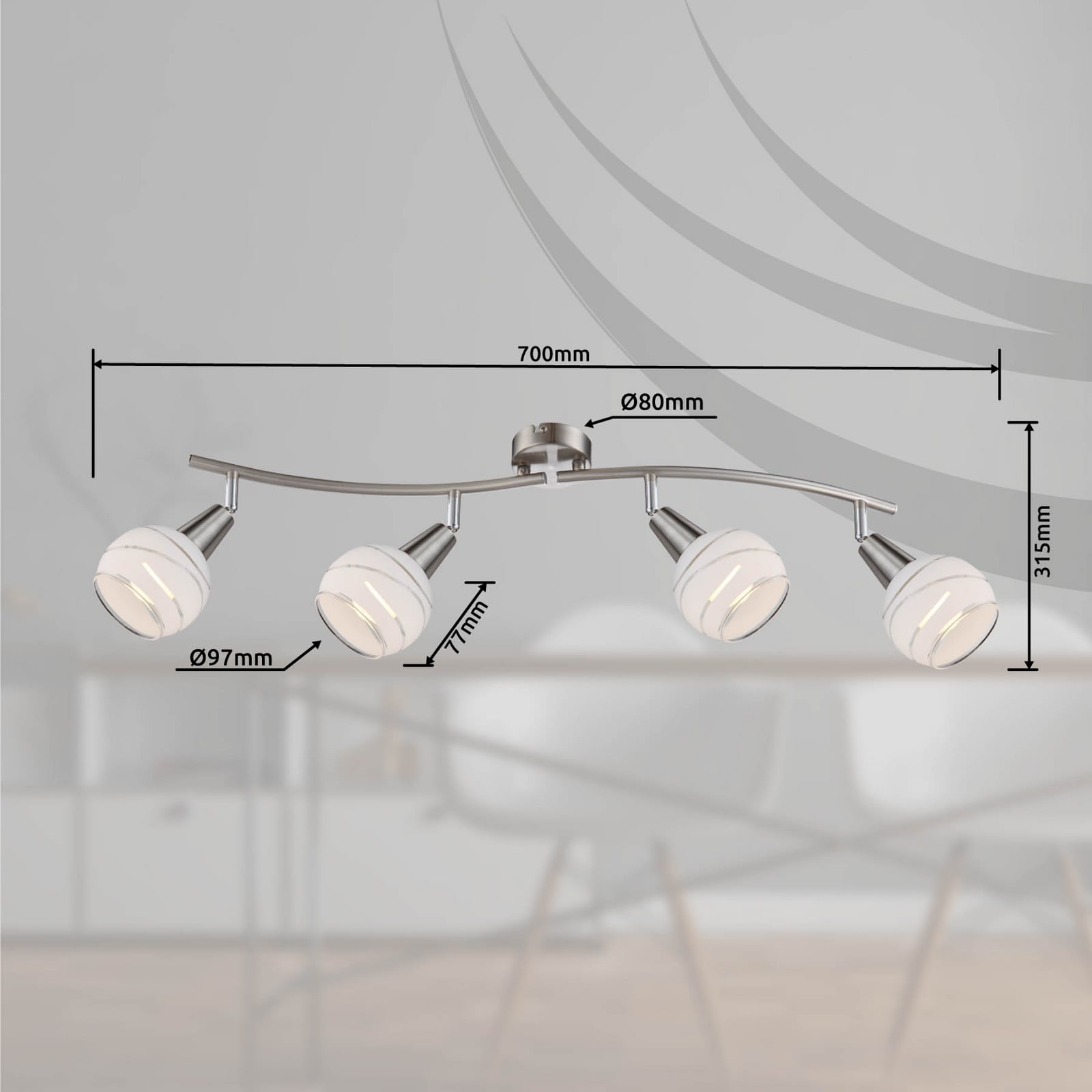 Takspot Elliott 4-lys matt nikkel glass E14 detalj av glass