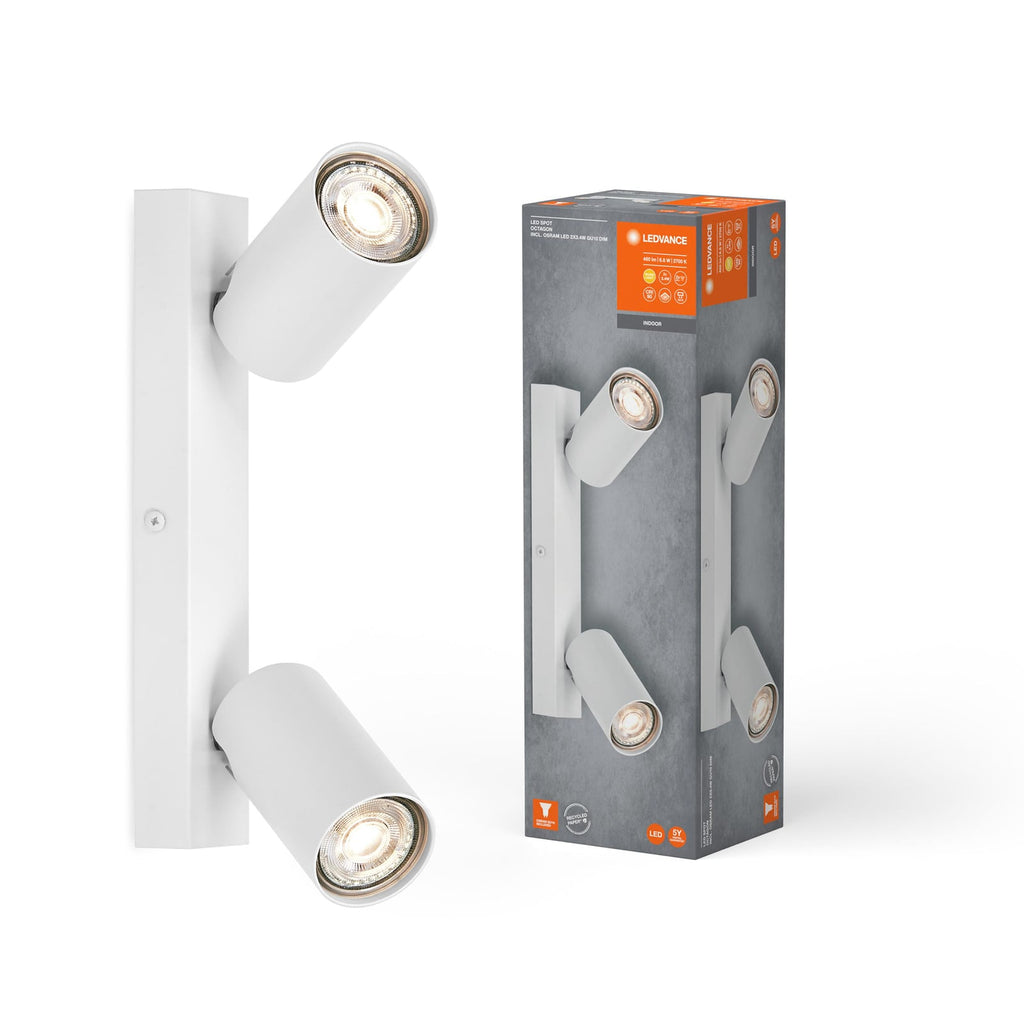 Takspot Octagon 2-lys hvit matt stål dimbar GU10-LED med dimbare GU10 LED-lyskilder