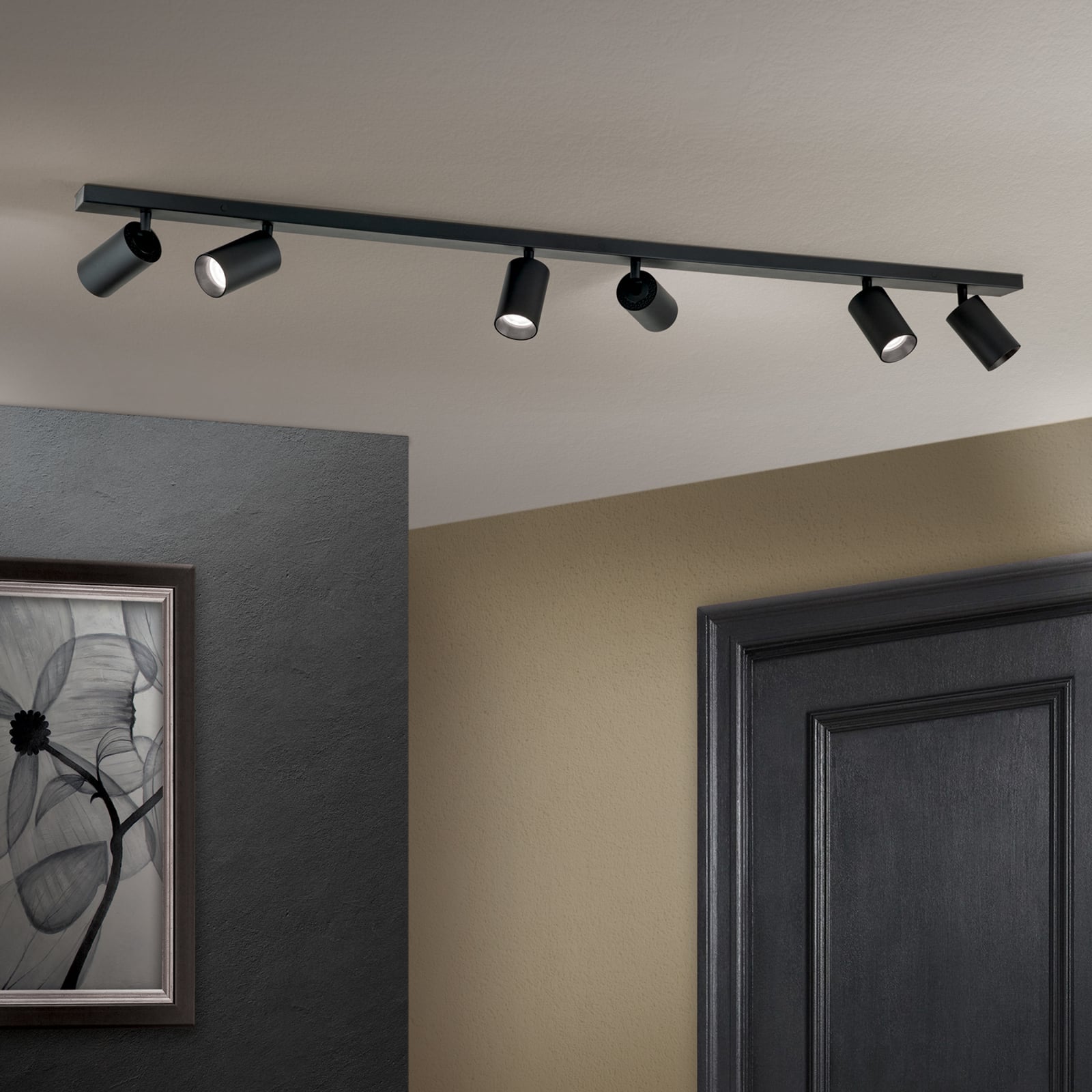 Takspot Sean 6-lys svart GU10 svingbar 130 cm - forfra