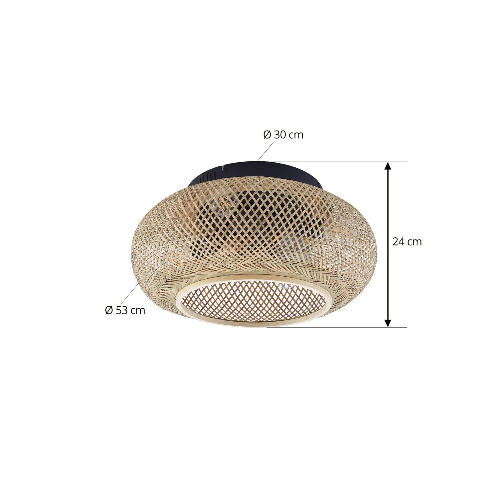 Nærbilde av bambusdetaljer på Takvifte Cordie med lys bambus/svart E27 Ø53 cm