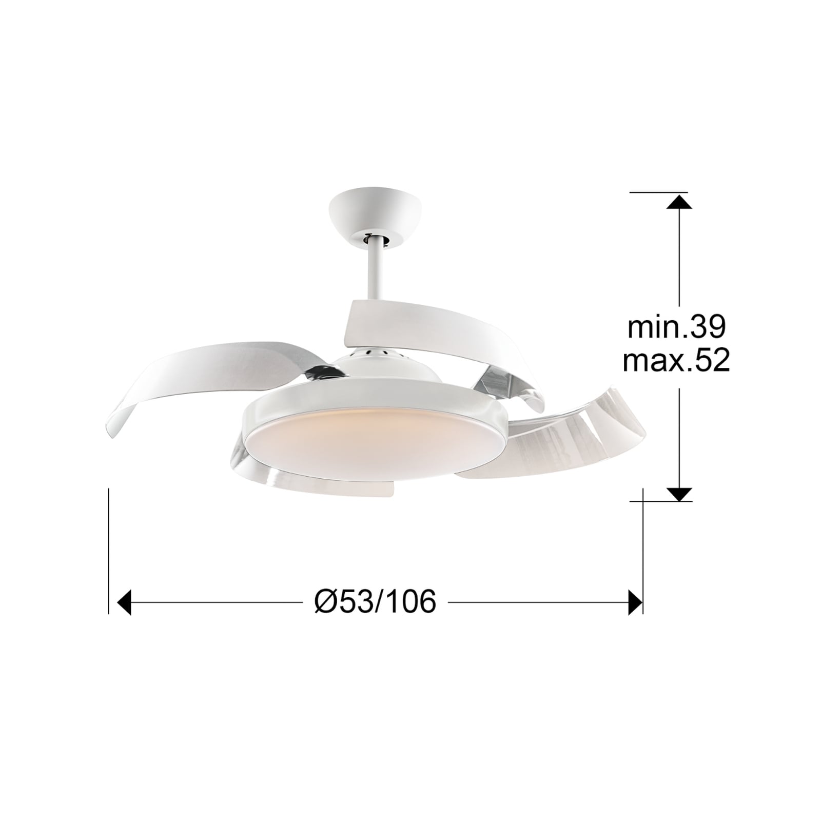 Detalj av vinger på Takvifte Enzo med LED dimbar CCT hvit Ø106 cm