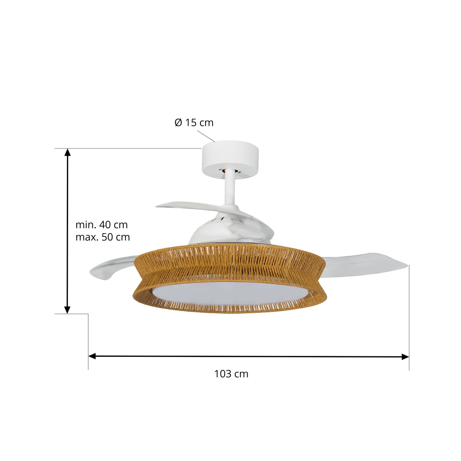 Nærbilde av lys og tau på takvifte Lineta LED dimbar CCT tau hvit Ø103 cm