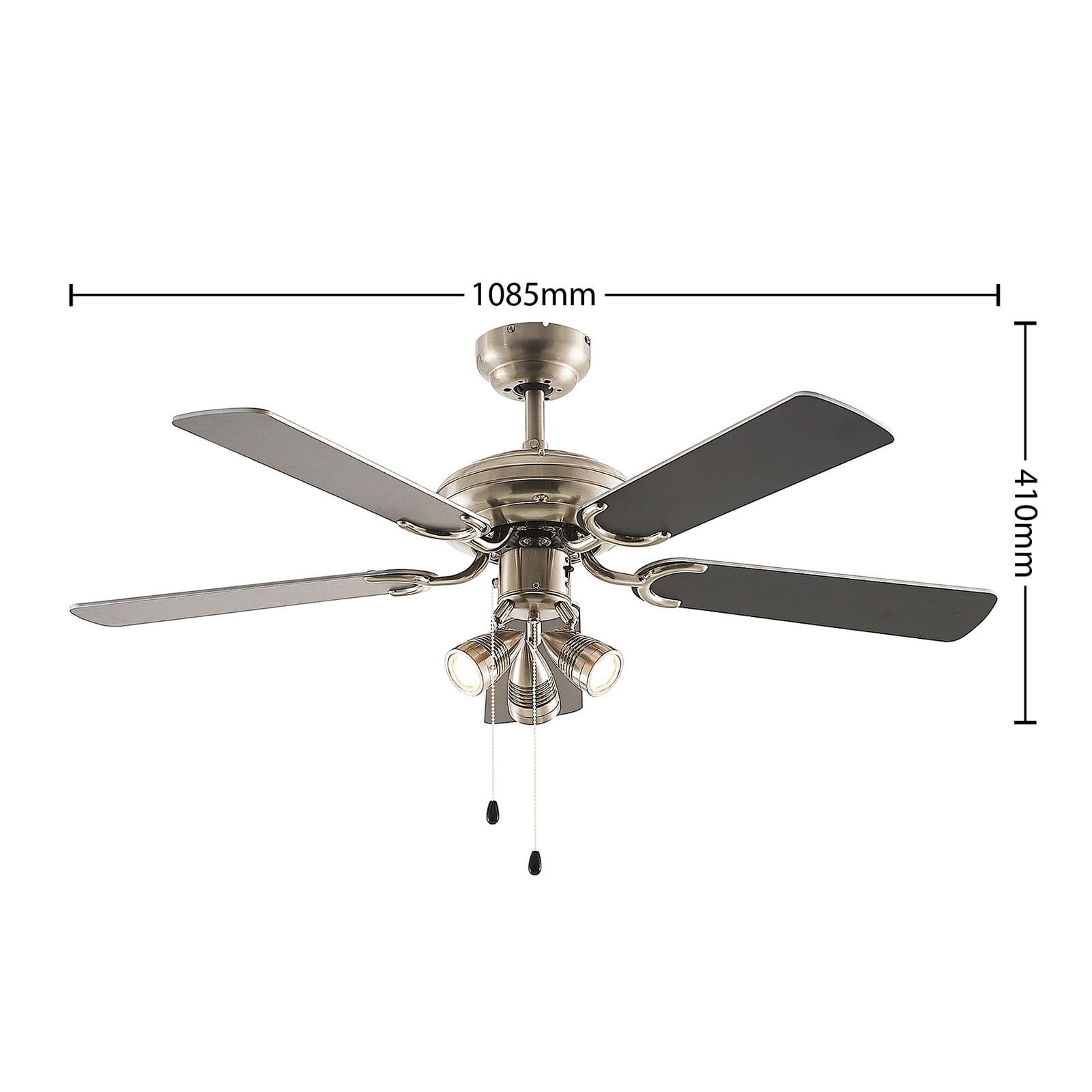 Nærbilde av motor og lyskilder på Takvifte med lys Anariki sølv/svart GU10 Ø108 cm