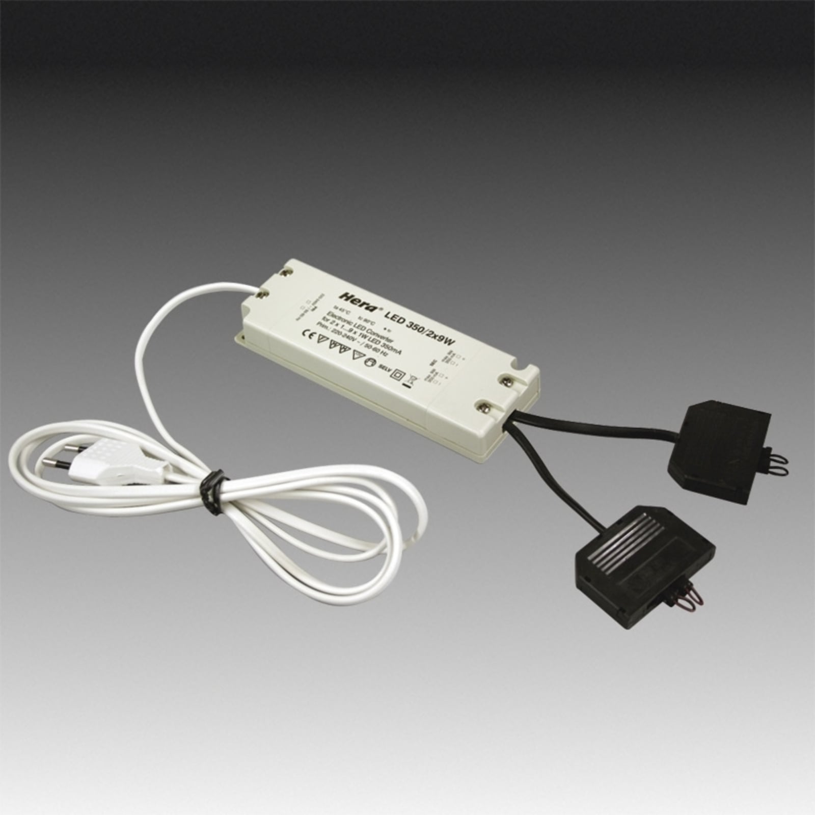 Transformator for LED ON TOP vitrinelys 9-veis 350 mA fra Hera sett forfra