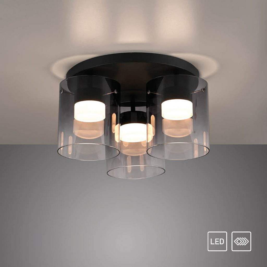 LED taklampe Elio 3-lys røykglass dimbar sett fra undersiden