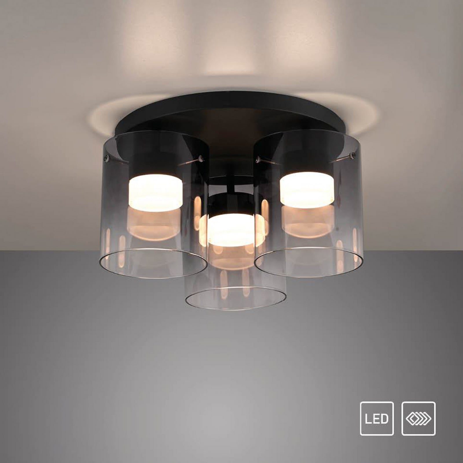 LED taklampe Elio 3-lys røykglass dimbar sett fra undersiden