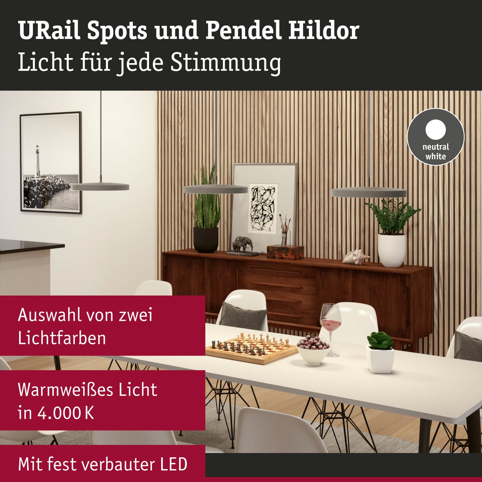 URail Hildor LED-pendellampe dimbar 4000K krom opphengsdetalj