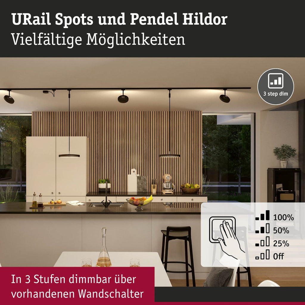 URail LED pendellampe Hildor dimbar svart nærbilde av lys