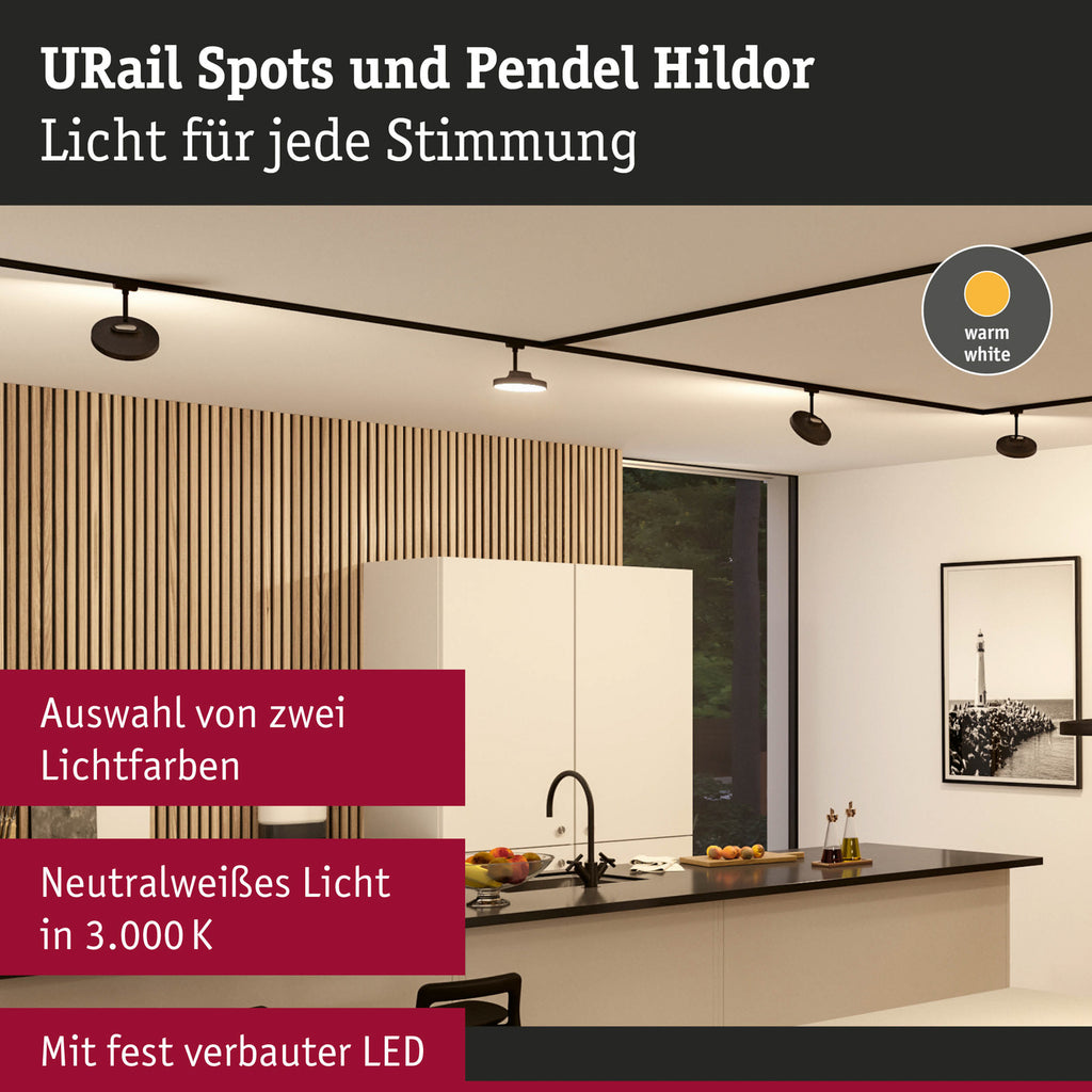 URail LED-spot Hildor svart/hvit dimbar 15W 3000K Paulmann lysdetalj