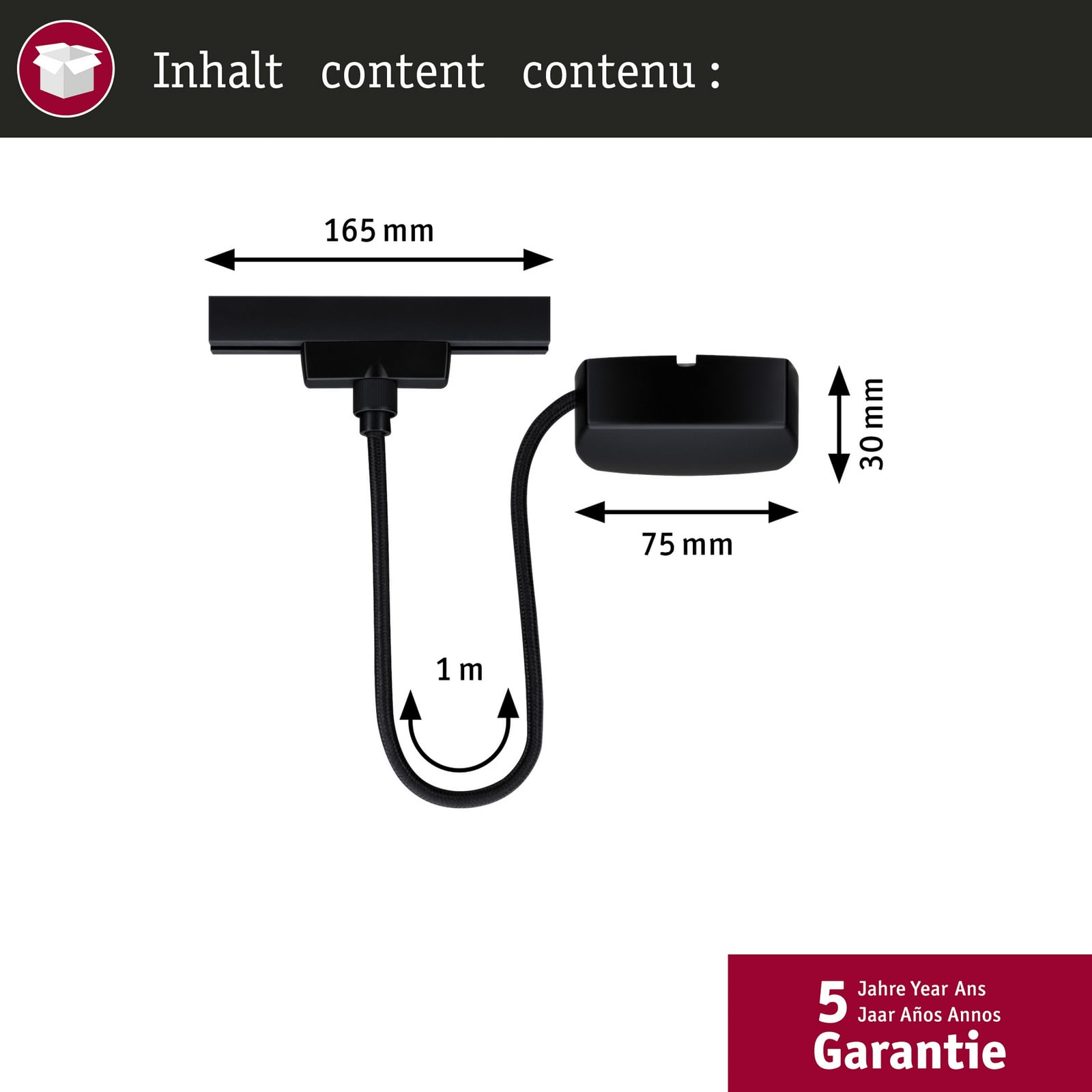 Nærbilde av URail Zigbee kabelinnmating 1 m svart matt dimbar