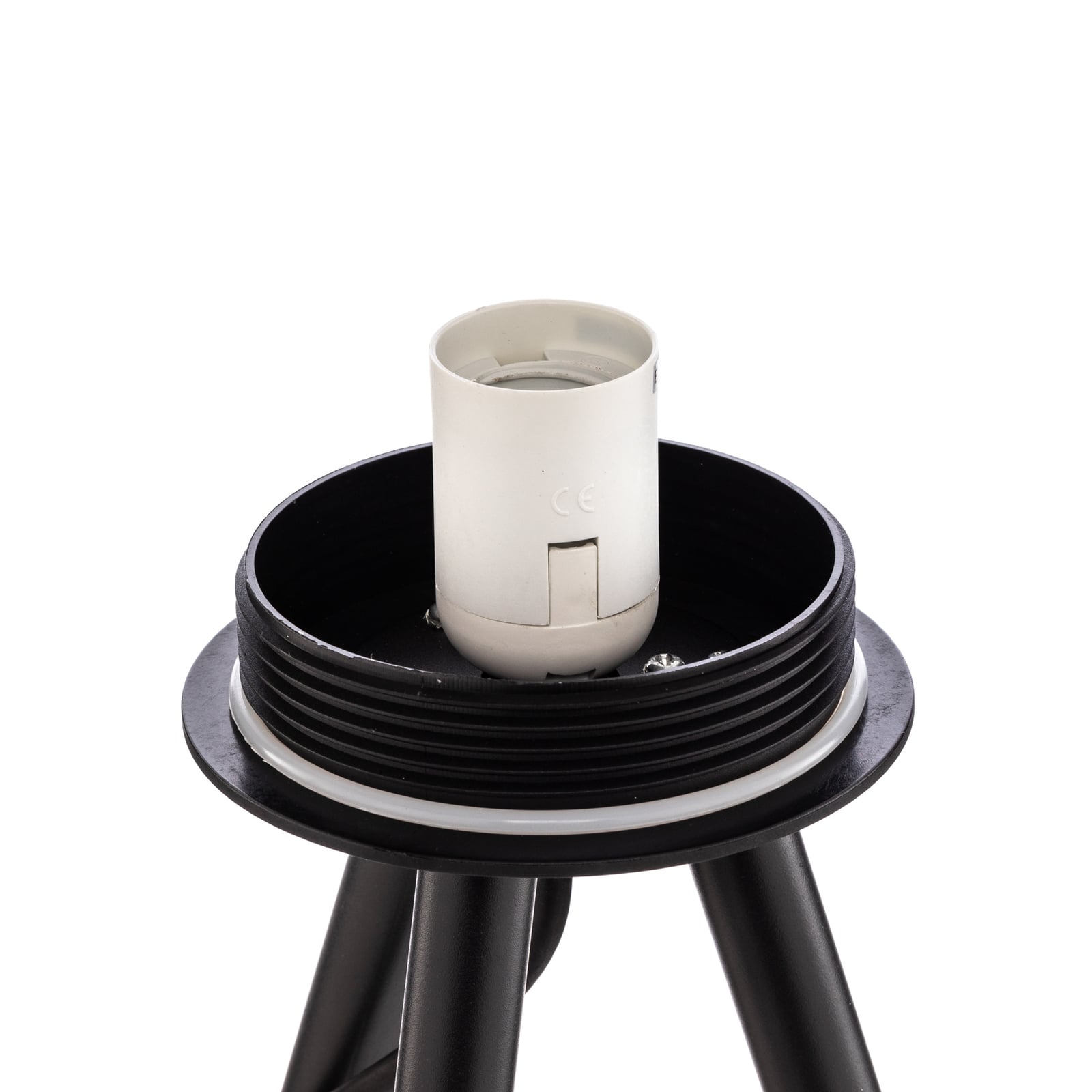 Utegulvlampe Trivira trebein hvit/svart detalj av lampehode