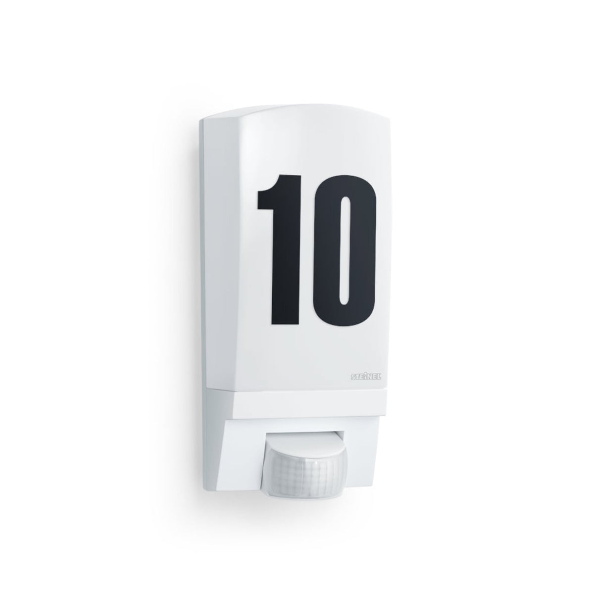 Utevegglampe med bevegelsessensor og husnummer E27 hvit IP44 - STEINEL forfra