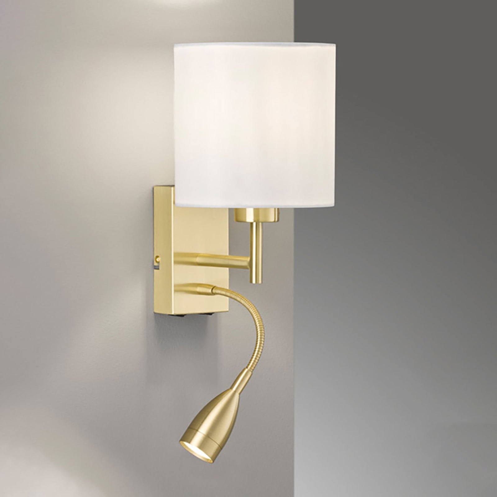 Vegglampe Dreamer med LED-lesearm messing og chintz hvit forfra