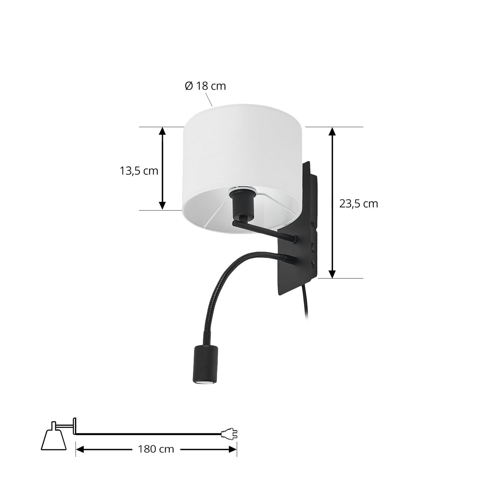 Detalj av tekstilskjerm på Vegglampe Florens med leselys tekstil svart/hvit E14