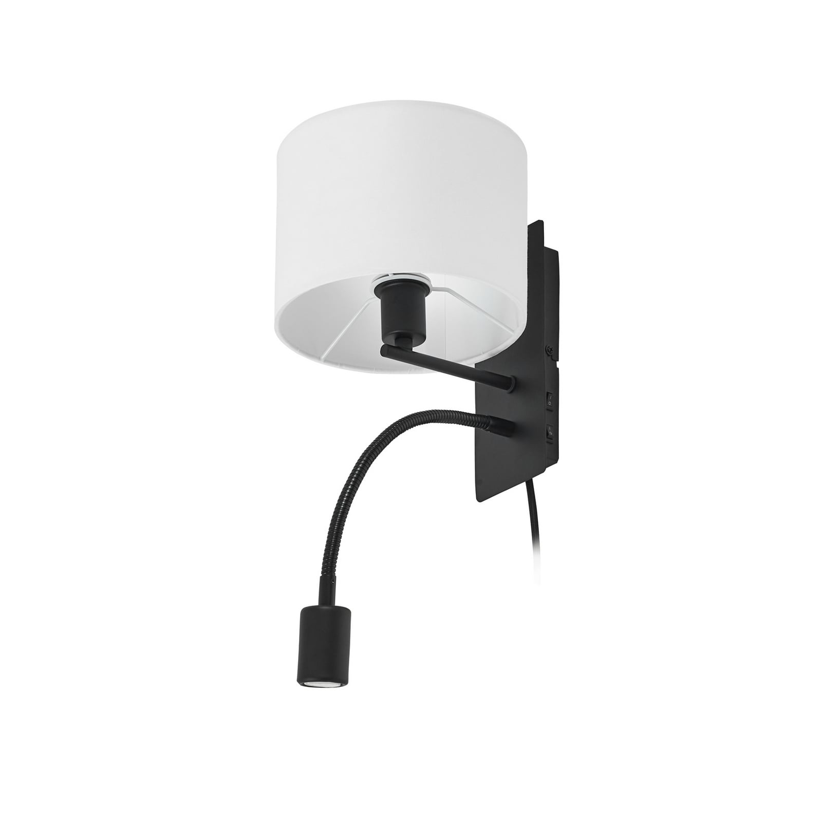 Nærbilde av fleksibelt leselys på Vegglampe Florens tekstil svart/hvit E14