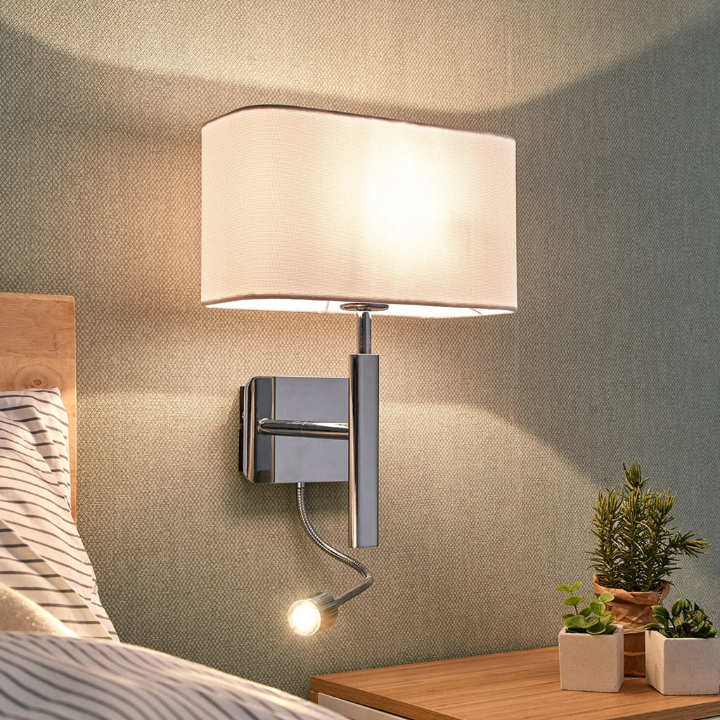 Vegglampe Jettka tekstil med lesearm E27 H63 cm hvit/krom forfra
