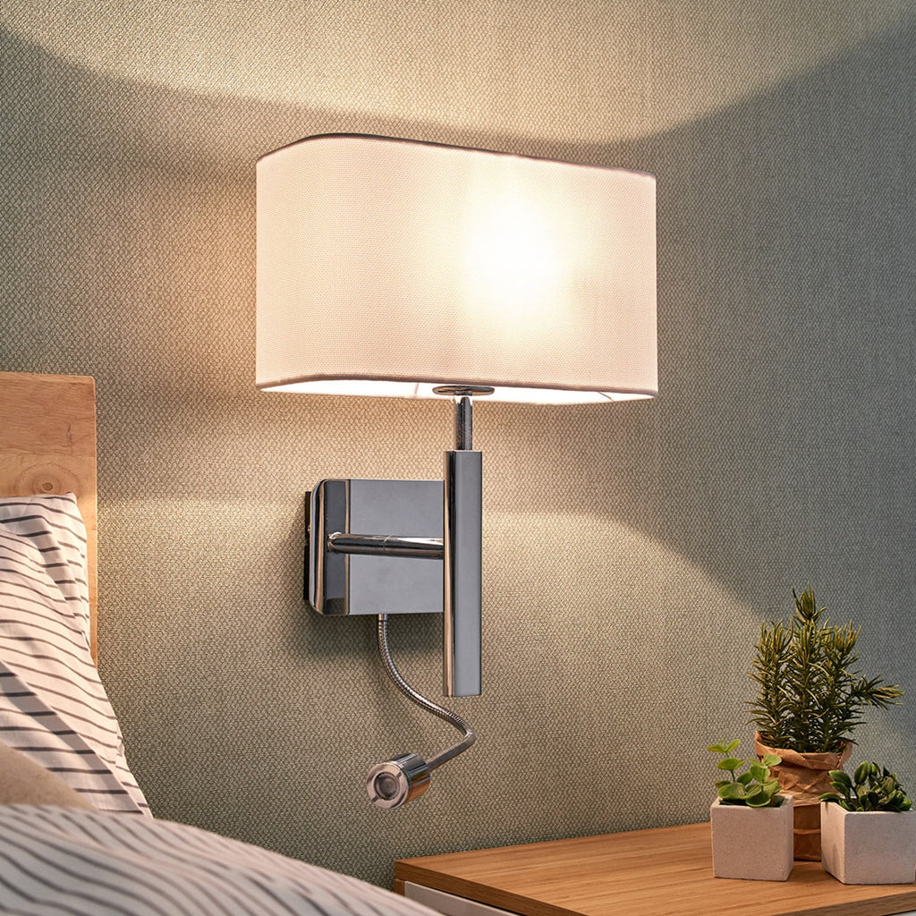 Bakside vegglampe Jettka tekstil med lesearm E27 H63 cm hvit/krom