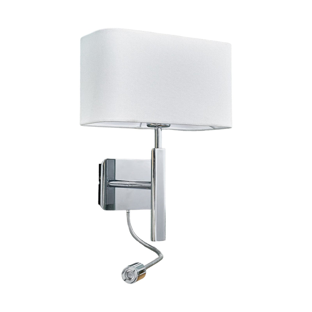 Nærbilde av tekstilskjerm på Vegglampe Jettka tekstil med lesearm E27 H63 cm hvit/krom
