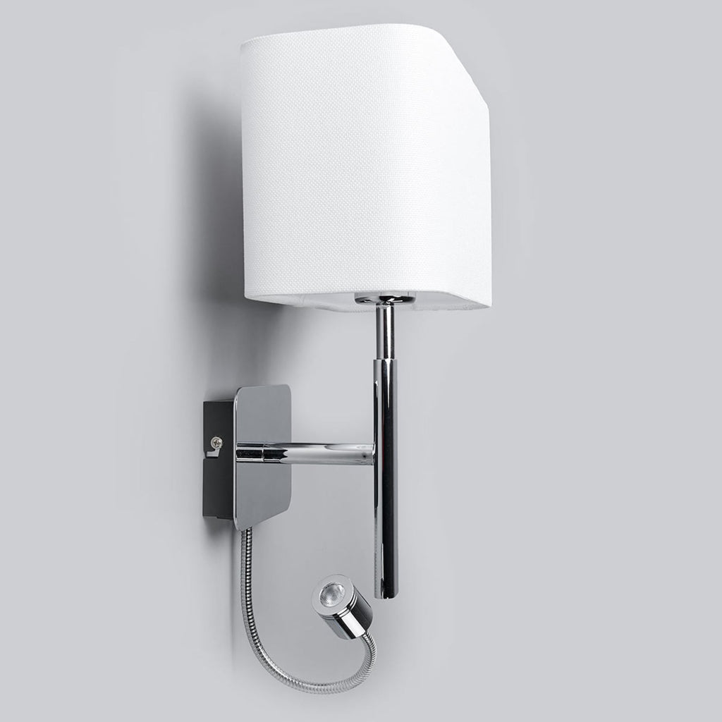 Sideprofil av Vegglampe Jettka tekstil med lesearm E27 H63 cm hvit/krom