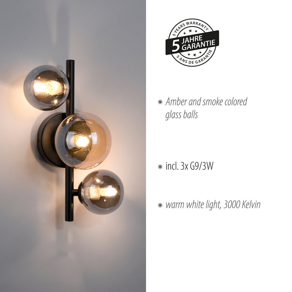 Vegglampe Popsicle 3-lys glass ravfarget/røykgrå G9 - Paul Neuhaus